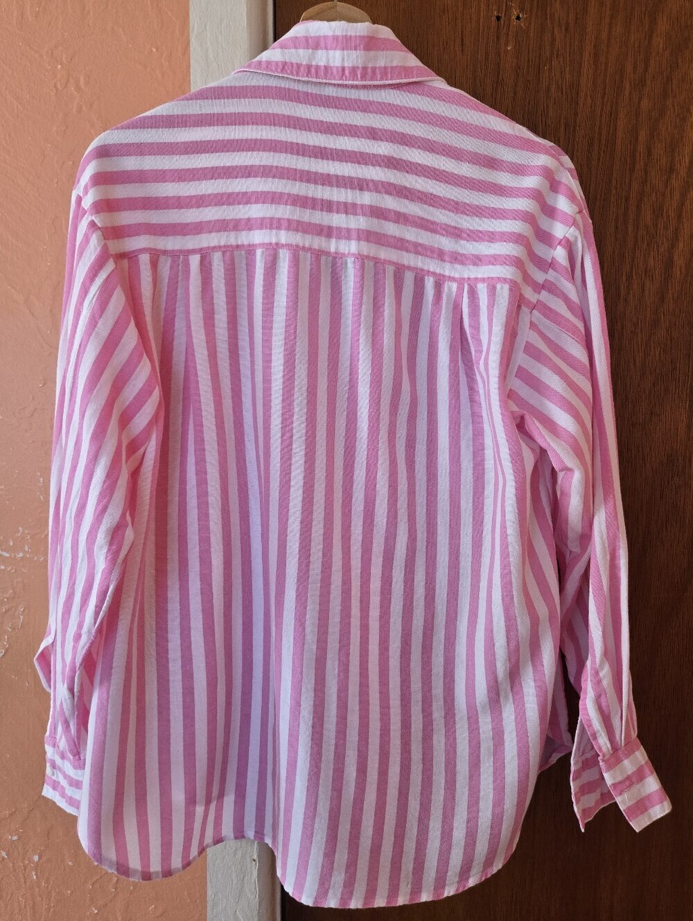Stradivarius Pink and White Vertical Stripe Button-Down Shirt, Linen Blend, XS - Picture 5 of 10